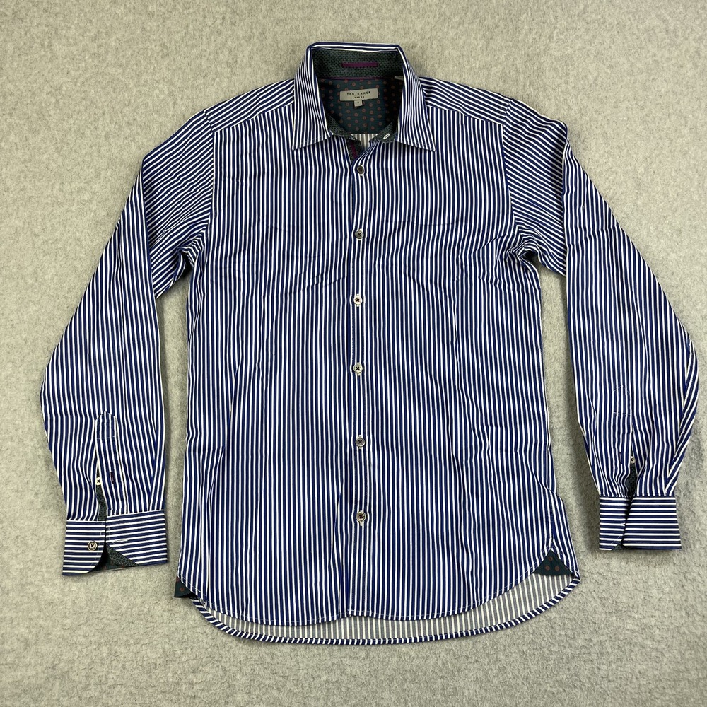 Ted Baker Dress Shirt Mens Size 2 Blue Stripe Long Sleeve Contrast Cuff Designer